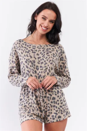 Taupe Leopard Print Long Sleeve Self-tie V-back Detail Draw-string Tie Waistline Romper