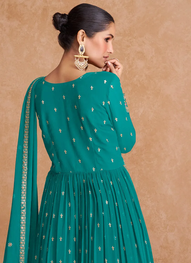 Teal Blue Sequence Embroidery High Slit Palazzo Suit