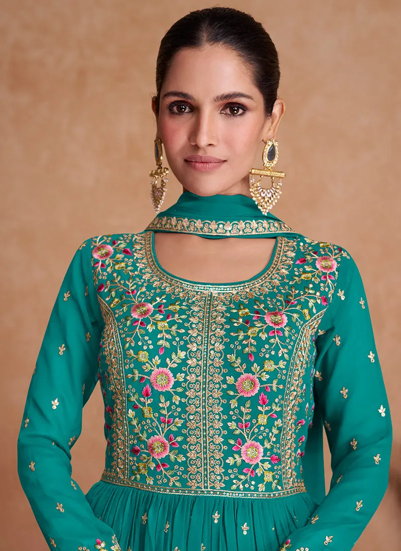 Teal Blue Sequence Embroidery High Slit Palazzo Suit