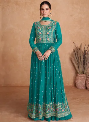 Teal Blue Sequence Embroidery High Slit Palazzo Suit