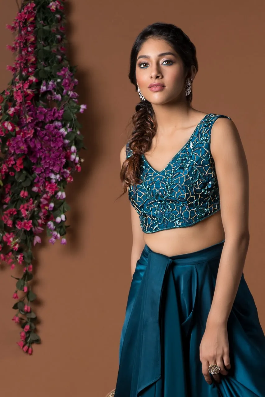 TEAL DRAPED PANTS & CROP TOP SET