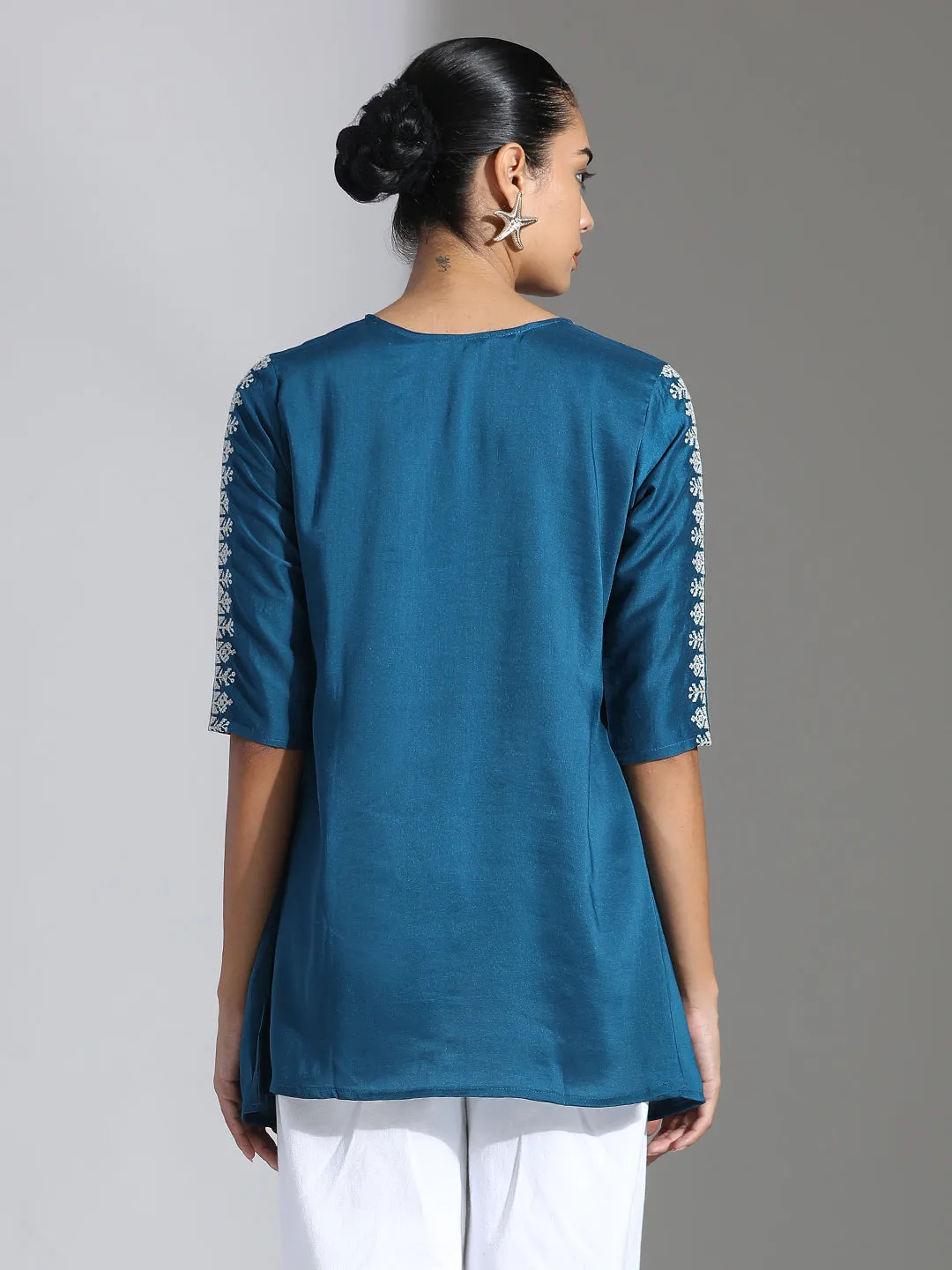Teal Embroidered Party Wear Peplum Top