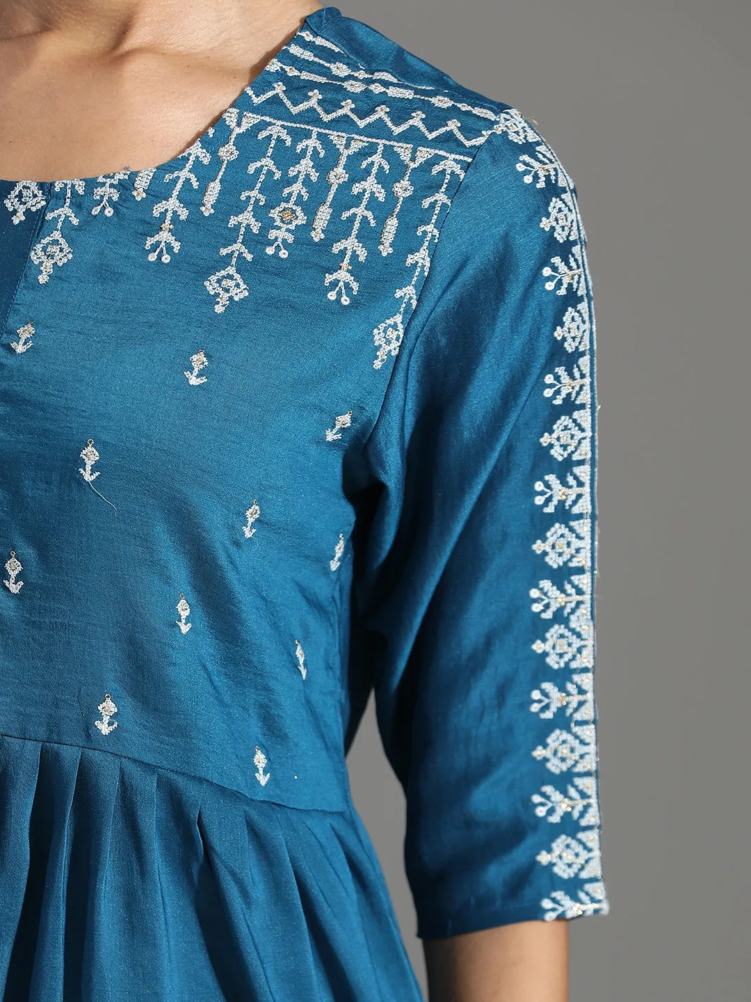 Teal Embroidered Party Wear Peplum Top