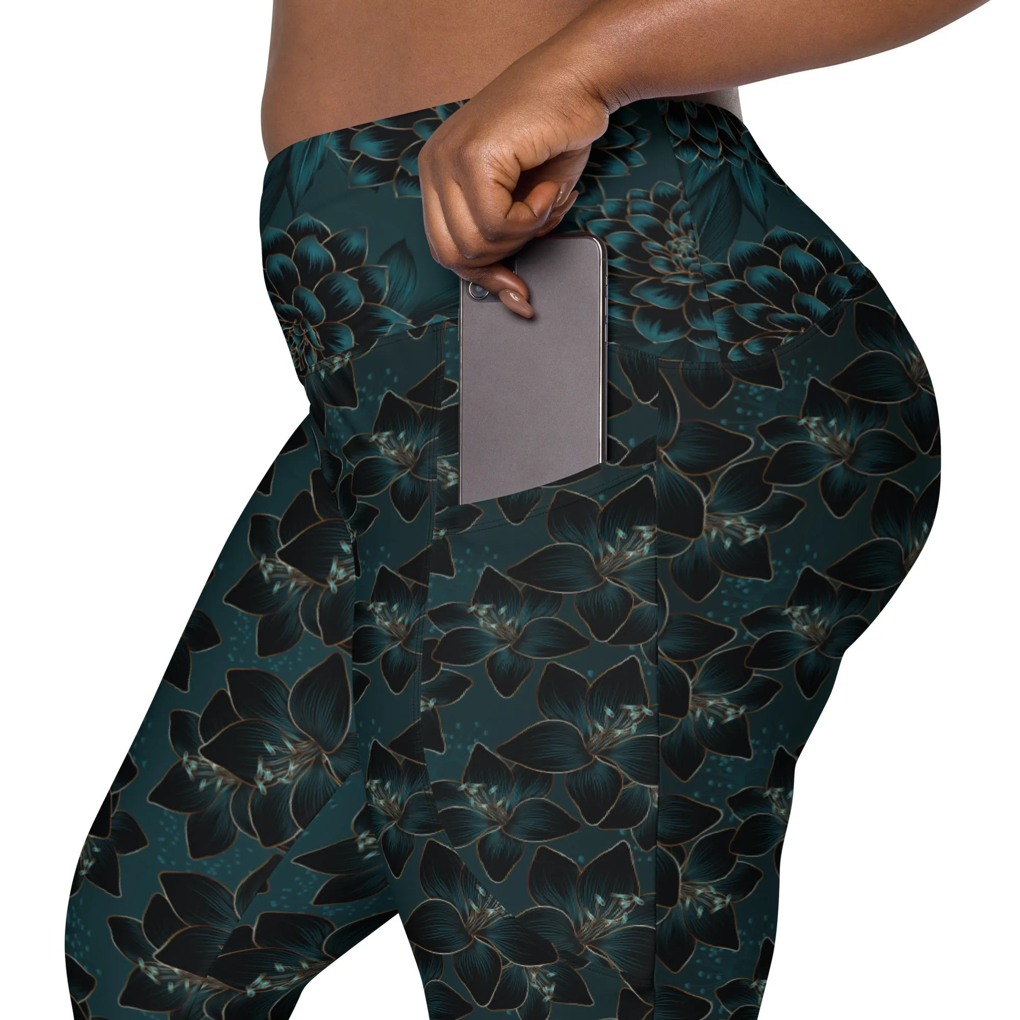 Teal Flowers Leggings with pockets