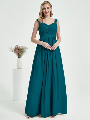 Teal Pleated Sweetheart Backless V-Neck Chiffon Maxi Bridesmaid Dress