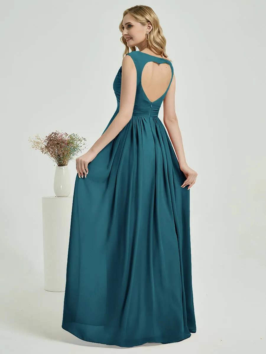 Teal Pleated Sweetheart Backless V-Neck Chiffon Maxi Bridesmaid Dress