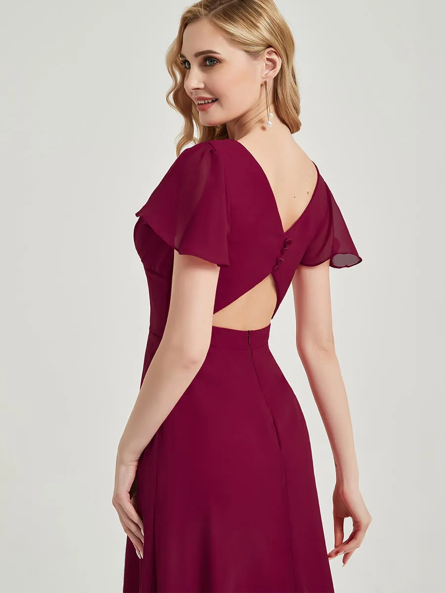 Teal Ruffle Sleeves Backless Maxi Chiffon Empire Bridesmaid Dresses