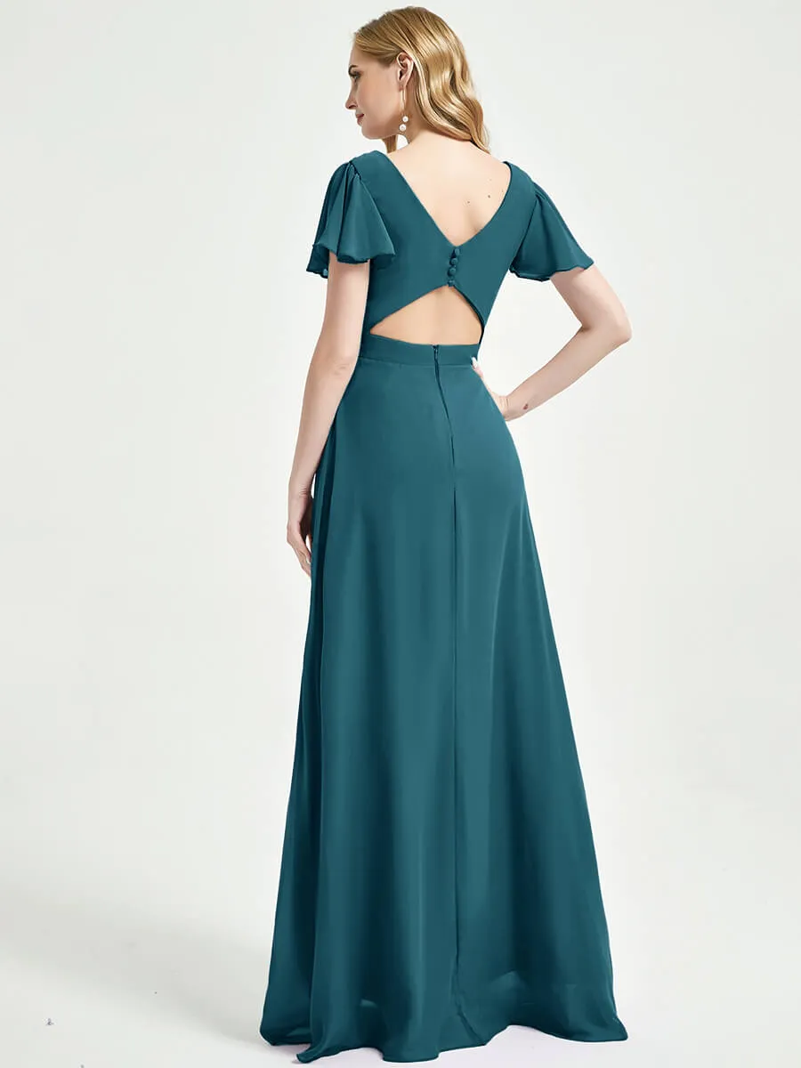 Teal Ruffle Sleeves Backless Maxi Chiffon Empire Bridesmaid Dresses