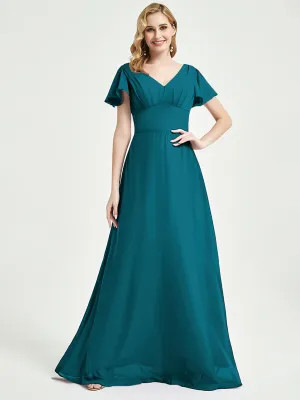 Teal Ruffle Sleeves Backless Maxi Chiffon Empire Bridesmaid Dresses