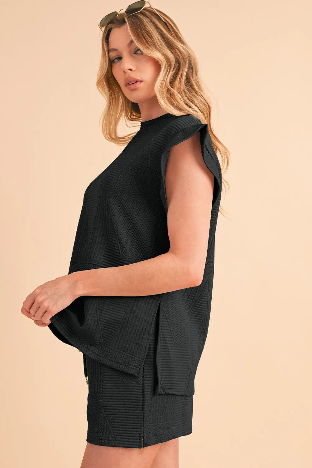 Textured Ruffle Split Top and Drawstring