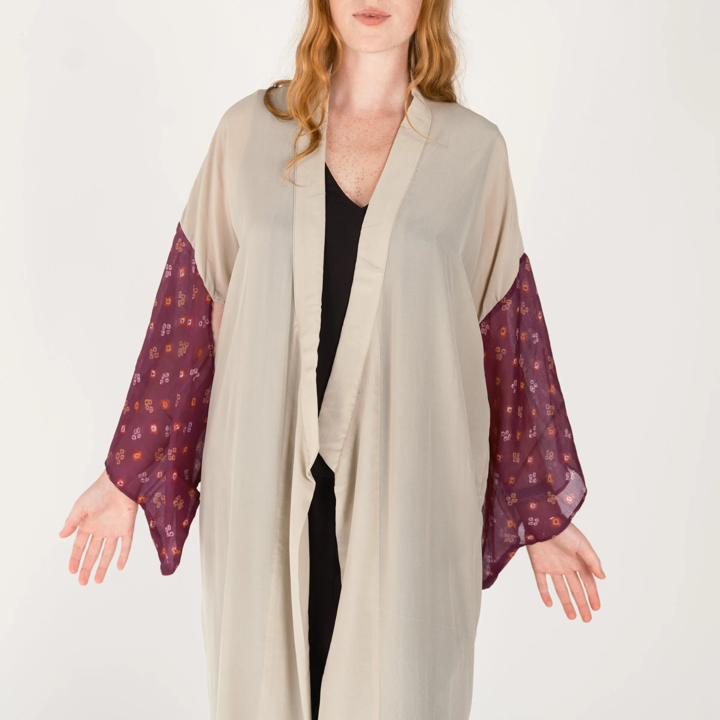 THE LONG SILK BANDAHNI KIMONO Oyster and Purple