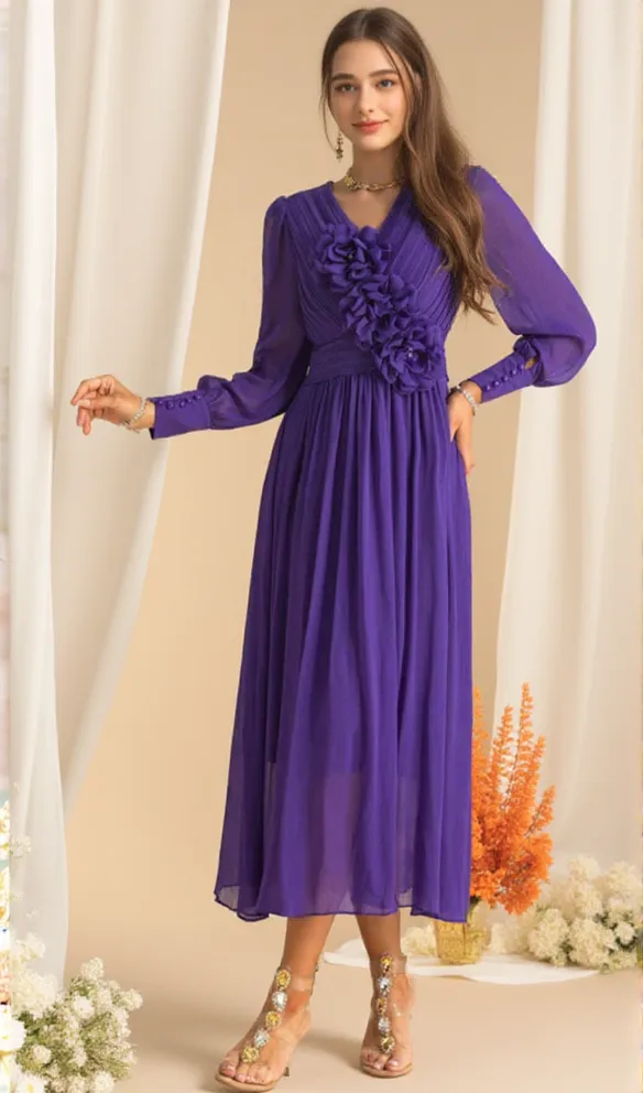 three-dimensional flower v-neck purple chiffon maxi dress