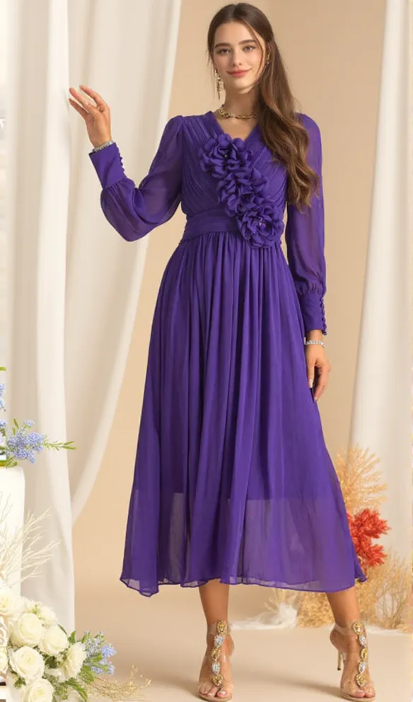 three-dimensional flower v-neck purple chiffon maxi dress
