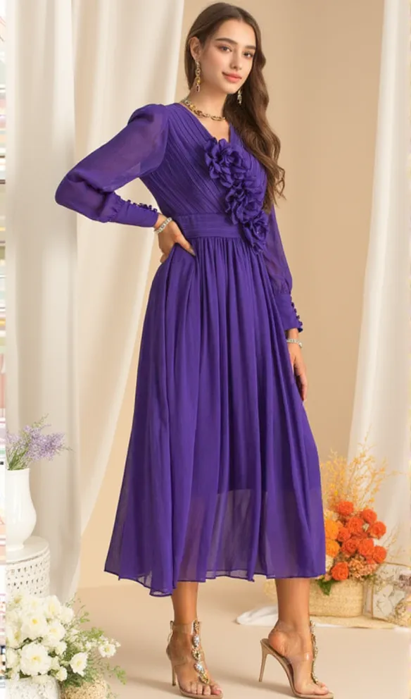 three-dimensional flower v-neck purple chiffon maxi dress