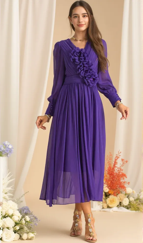three-dimensional flower v-neck purple chiffon maxi dress