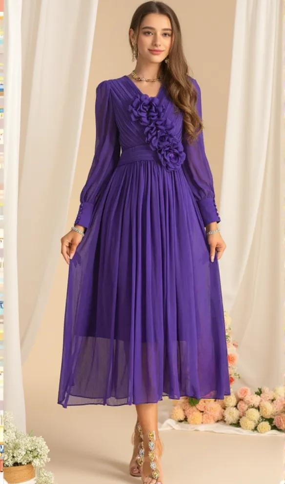 three-dimensional flower v-neck purple chiffon maxi dress