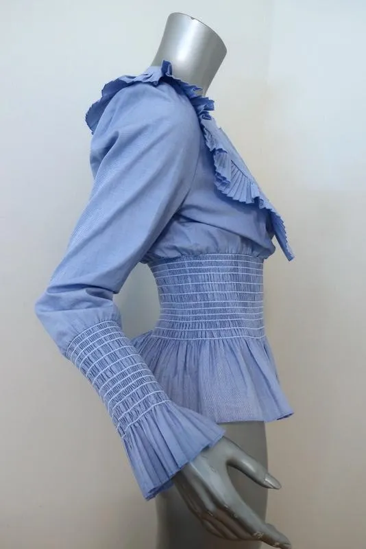 Tory Burch Smocked Cotton Top Blue Size 4 Ruffle-Trim Peplum Blouse NEW