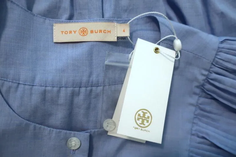 Tory Burch Smocked Cotton Top Blue Size 4 Ruffle-Trim Peplum Blouse NEW