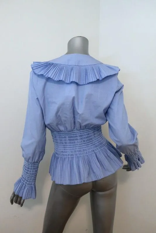Tory Burch Smocked Cotton Top Blue Size 4 Ruffle-Trim Peplum Blouse NEW