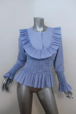 Tory Burch Smocked Cotton Top Blue Size 4 Ruffle-Trim Peplum Blouse NEW