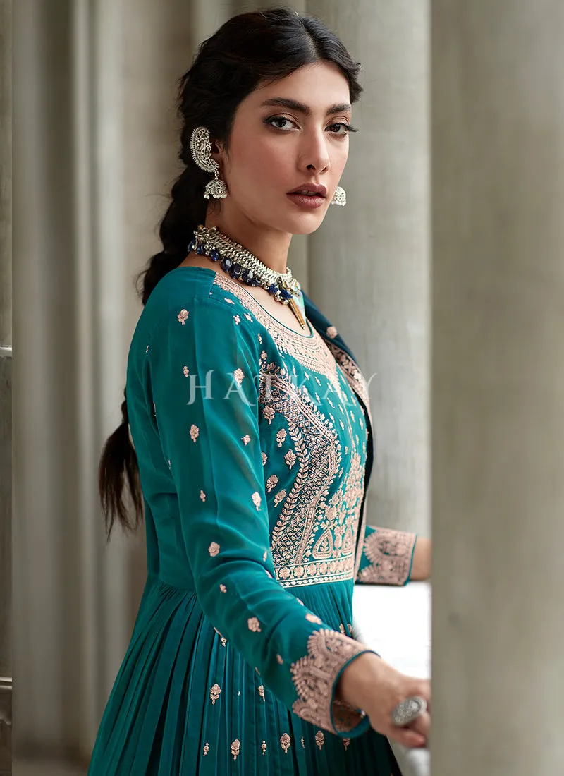 Turquoise And Blue Embroidery Peplum Anarkali Lehenga