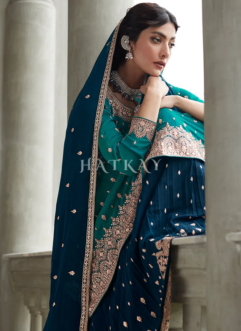 Turquoise And Blue Embroidery Peplum Anarkali Lehenga