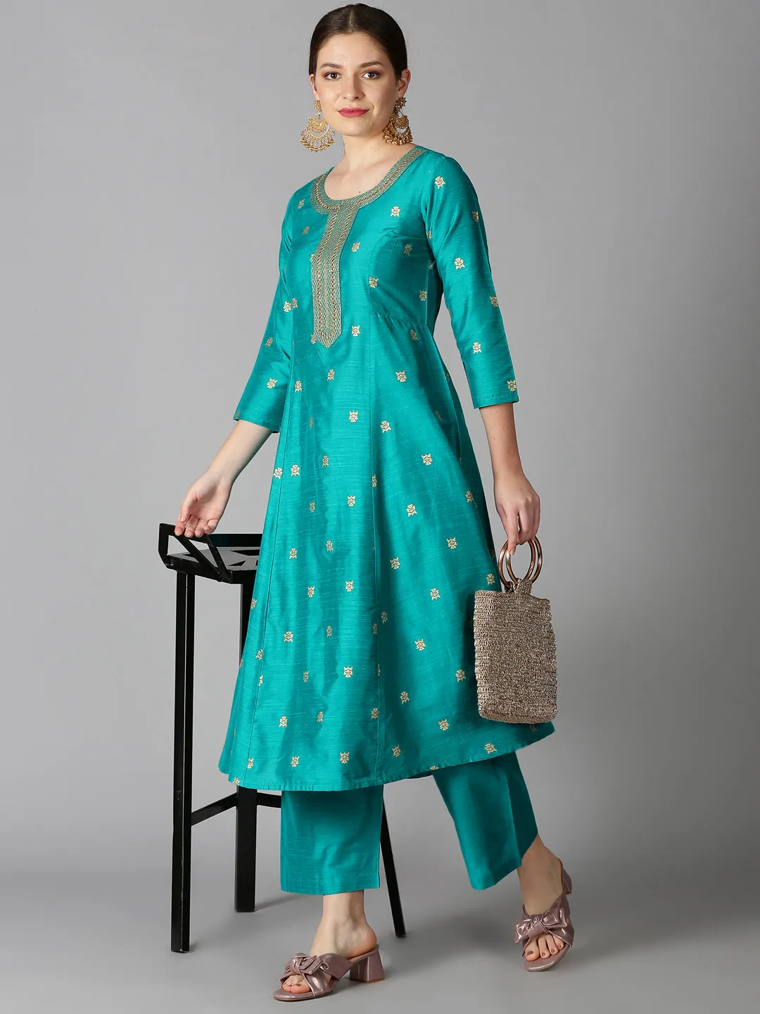 Turquoise Blue Art Silk Gold Printed Kurta & Palazzo Set
