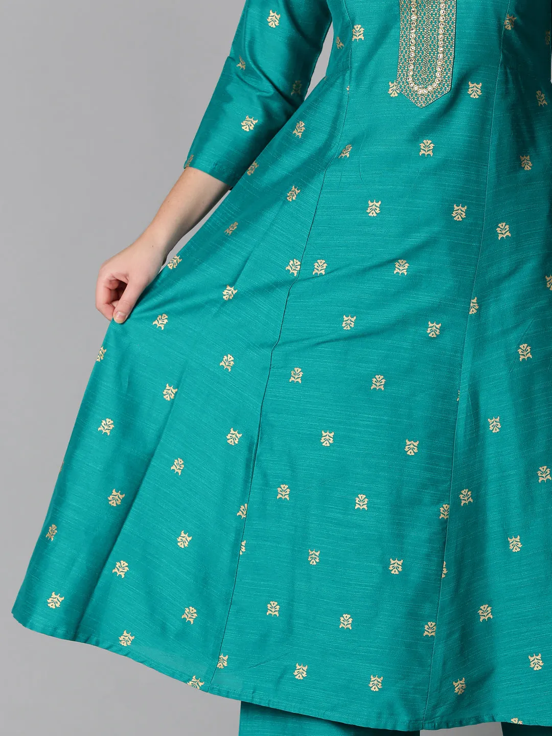 Turquoise Blue Art Silk Gold Printed Kurta & Palazzo Set