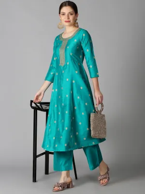 Turquoise Blue Art Silk Gold Printed Kurta & Palazzo Set