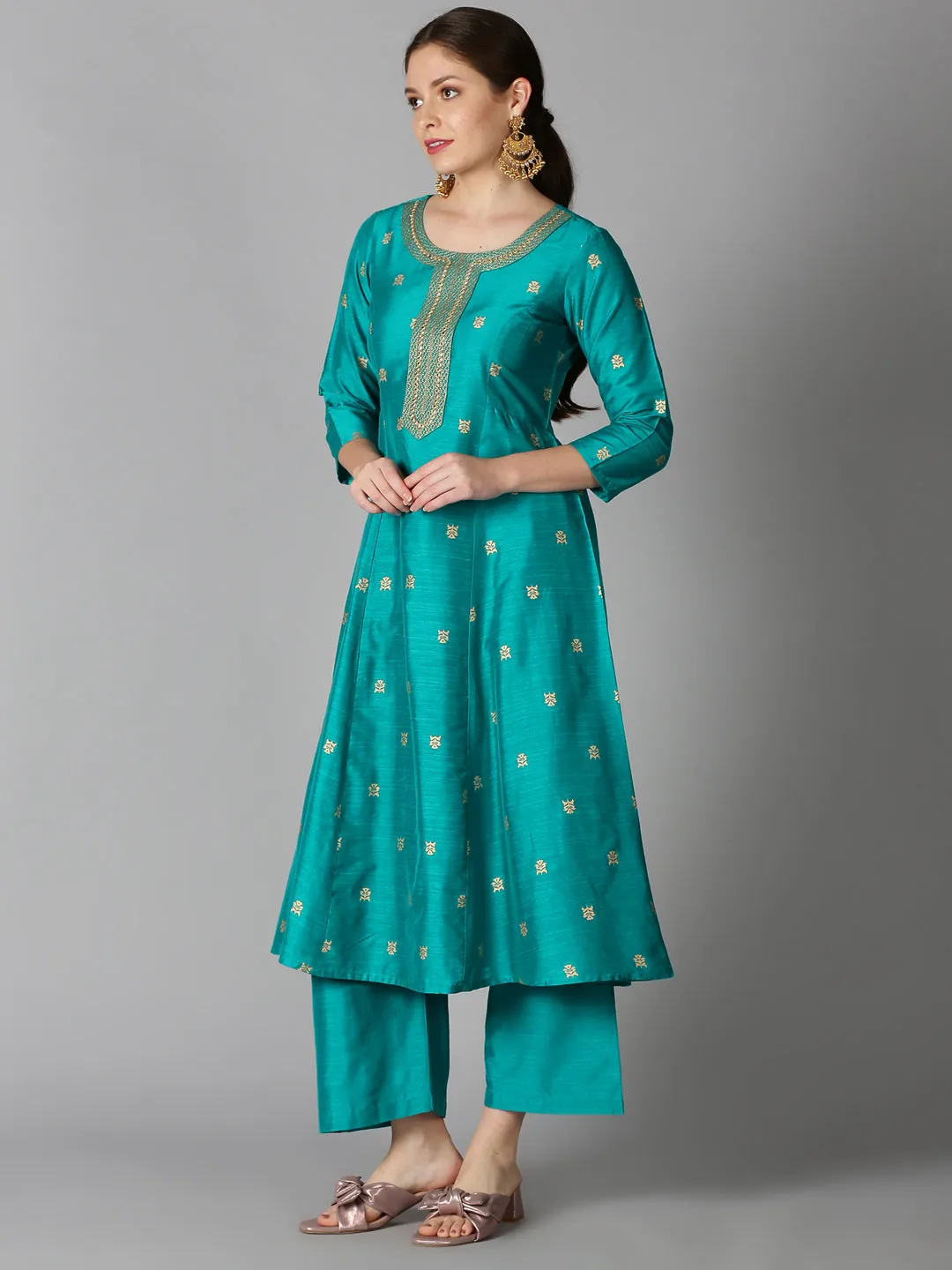 Turquoise Blue Art Silk Gold Printed Kurta & Palazzo Set