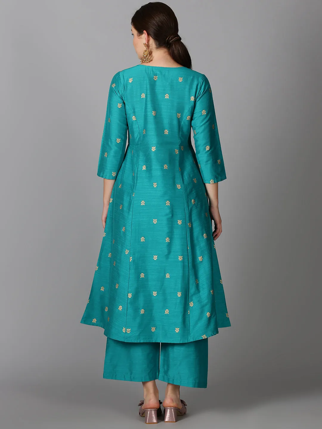 Turquoise Blue Art Silk Gold Printed Kurta & Palazzo Set