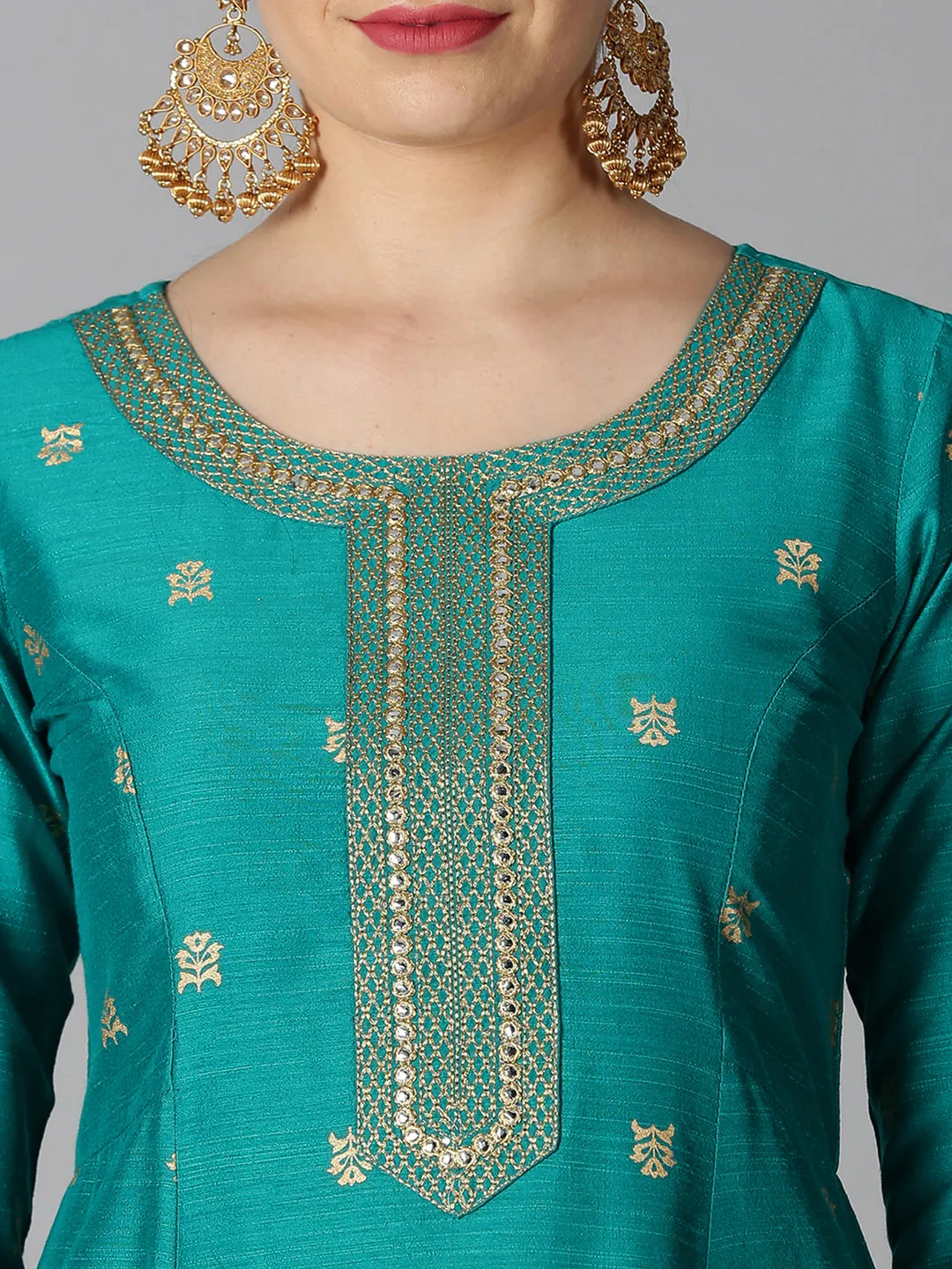 Turquoise Blue Art Silk Gold Printed Kurta & Palazzo Set