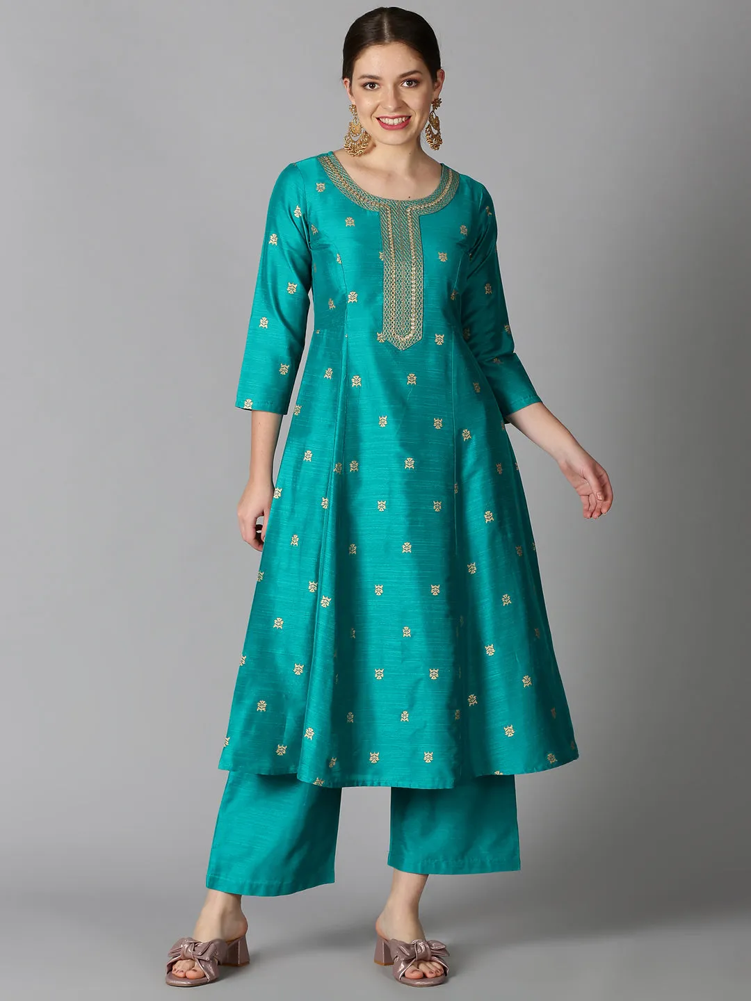 Turquoise Blue Art Silk Gold Printed Kurta & Palazzo Set