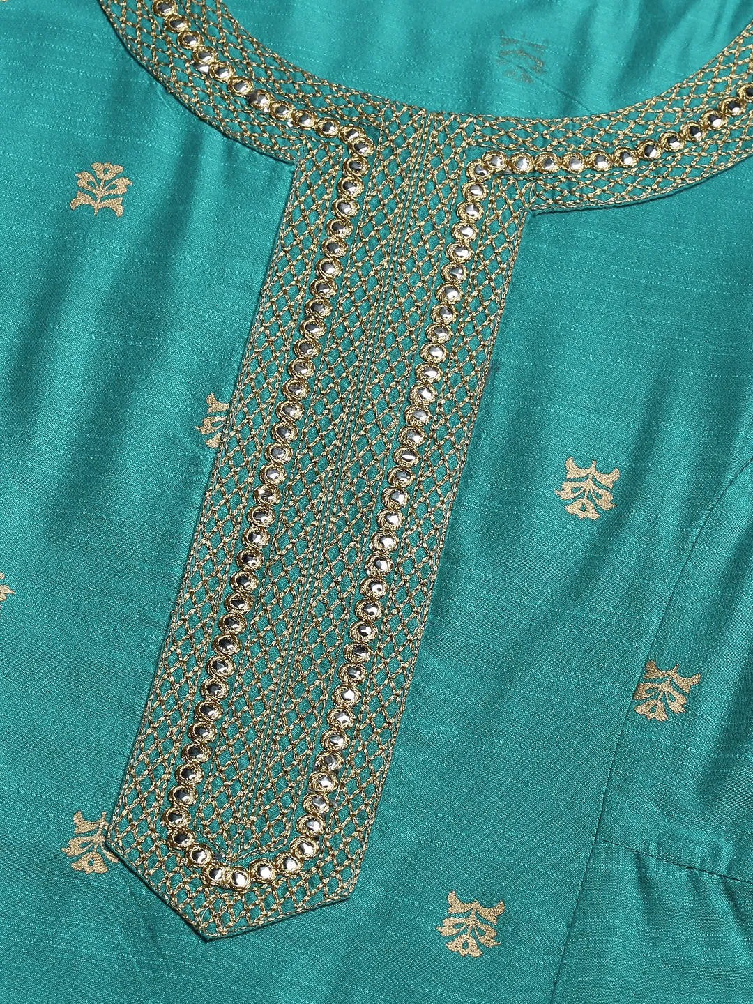 Turquoise Blue Art Silk Gold Printed Kurta & Palazzo Set