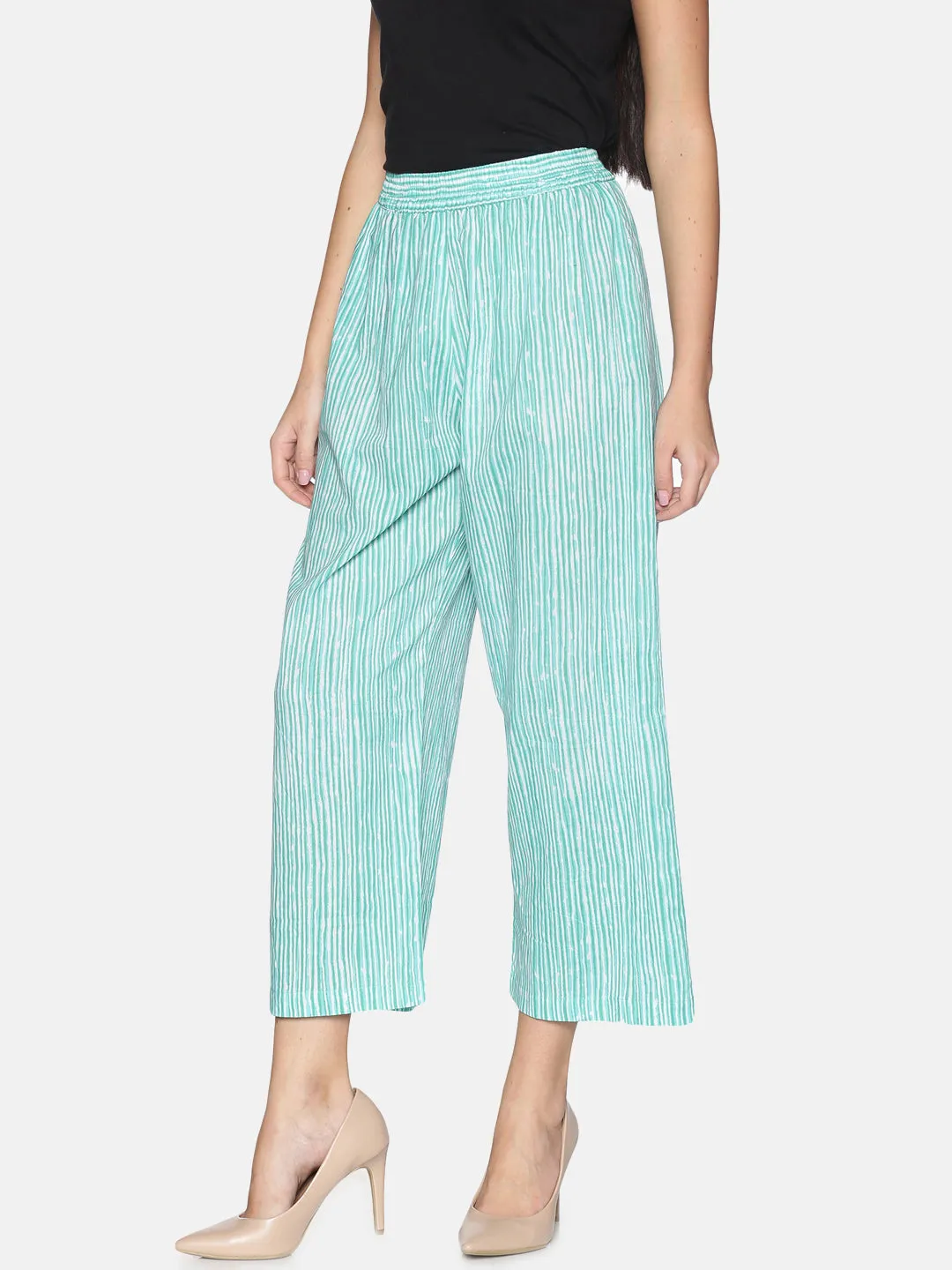Turquoise blue Striped Printed Cotton Narrow Palazzo