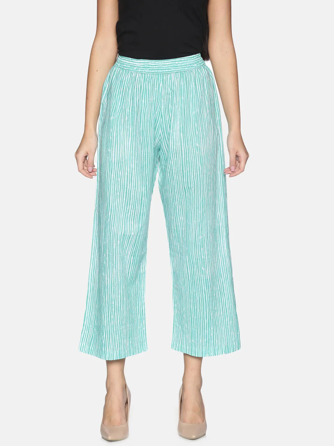 Turquoise blue Striped Printed Cotton Narrow Palazzo