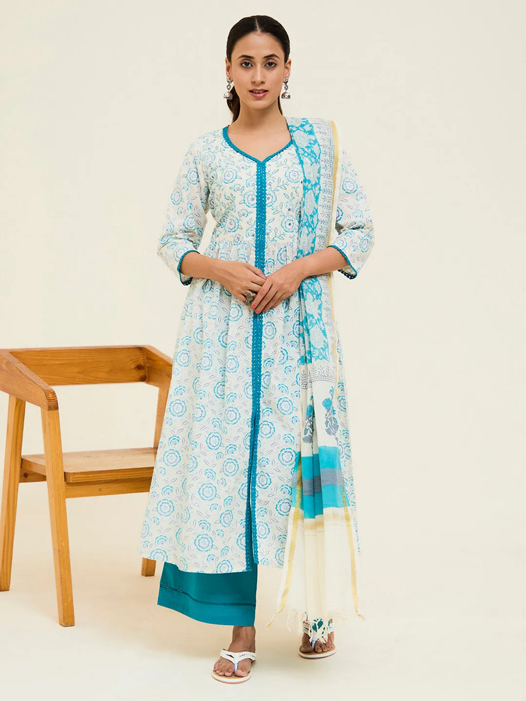Turquoise Cotton Handblock Printed Kurta With Palazzo And Dupatta
