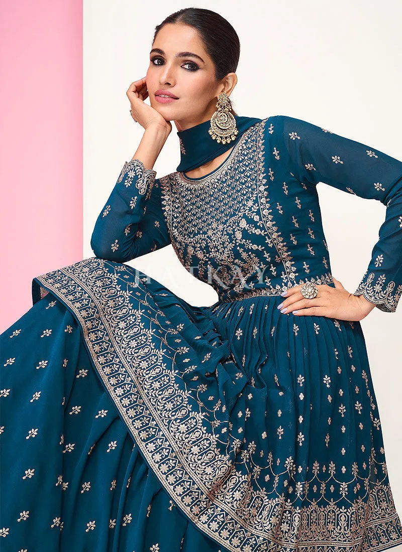 Turquoise Embroidered Peplum Style Georgette Anarkali Lehenga