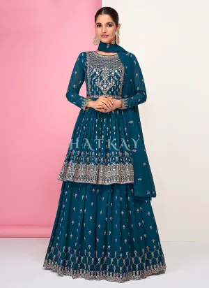 Turquoise Embroidered Peplum Style Georgette Anarkali Lehenga