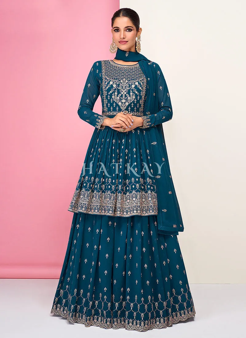 Turquoise Embroidered Peplum Style Georgette Anarkali Lehenga