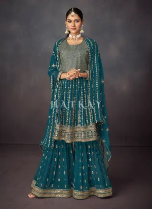 Turquoise Golden Embroidered Sharara Style Suit