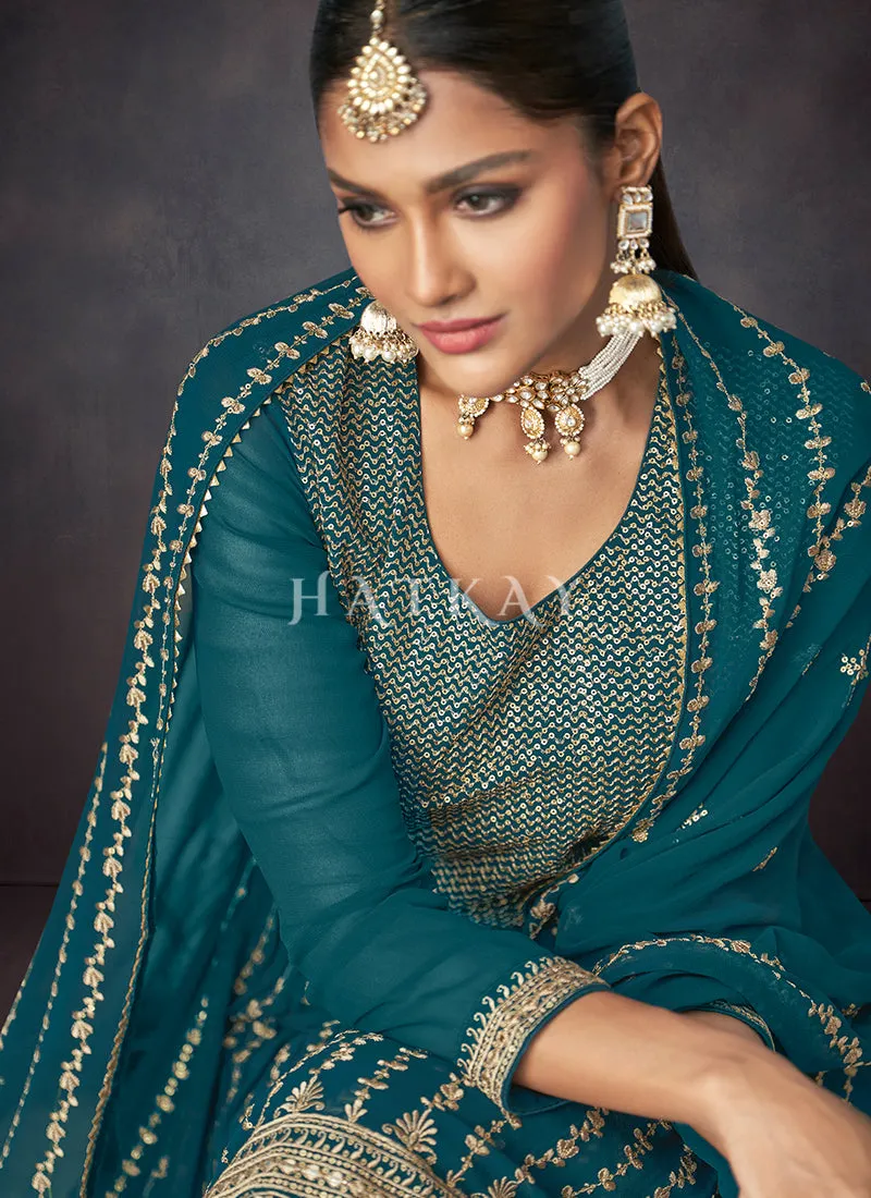 Turquoise Golden Embroidered Sharara Style Suit