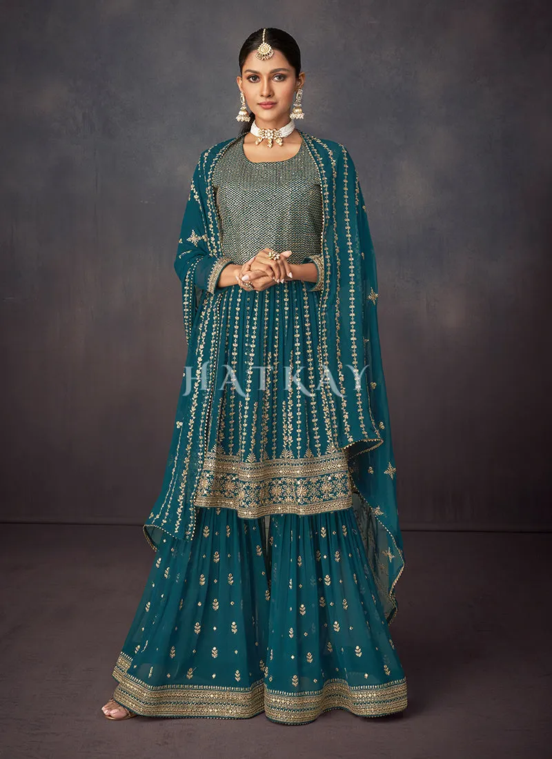 Turquoise Golden Embroidered Sharara Style Suit