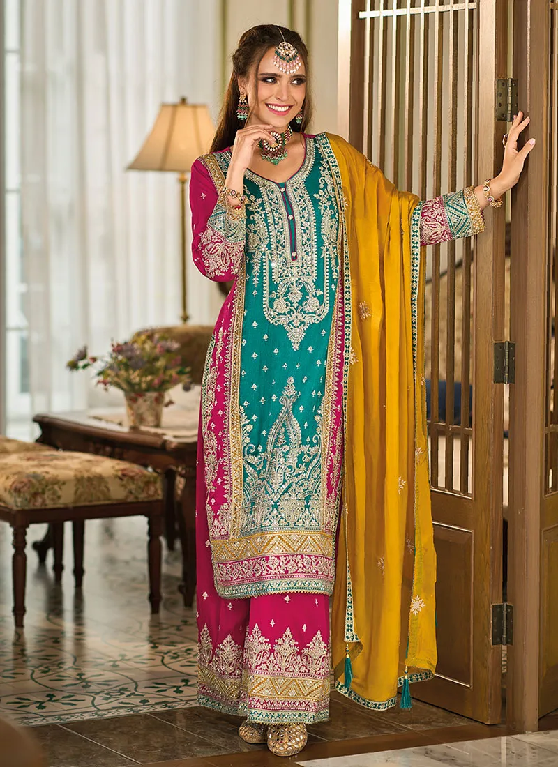 Turquoise Multicolored Traditional Embroidery Palazzo Suit
