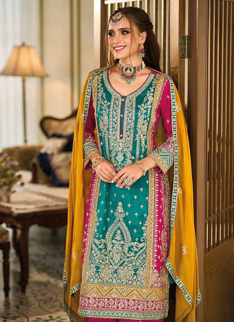 Turquoise Multicolored Traditional Embroidery Palazzo Suit