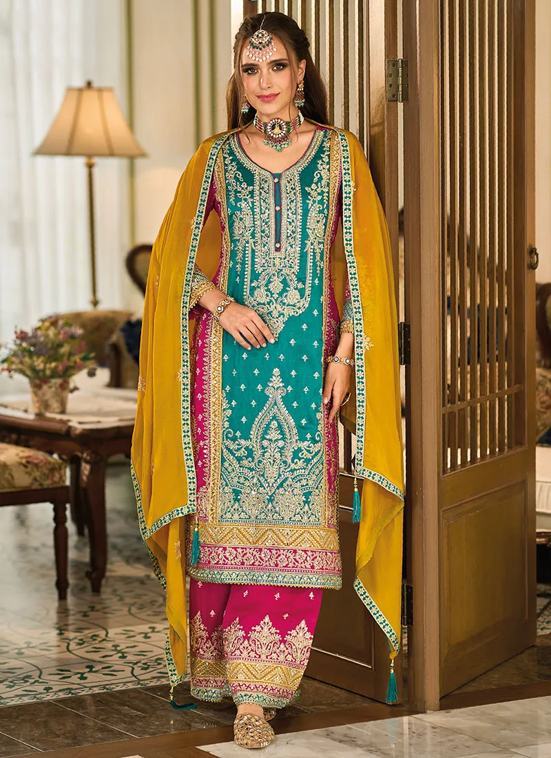Turquoise Multicolored Traditional Embroidery Palazzo Suit