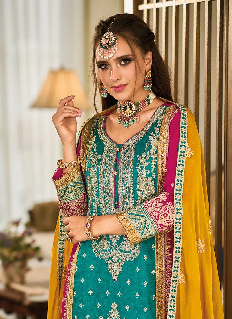 Turquoise Multicolored Traditional Embroidery Palazzo Suit