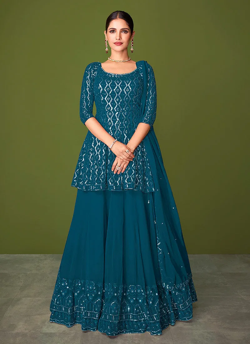 Turquoise Sequence Embroidered Lehenga Kurti Suit