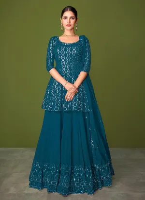 Turquoise Sequence Embroidered Lehenga Kurti Suit