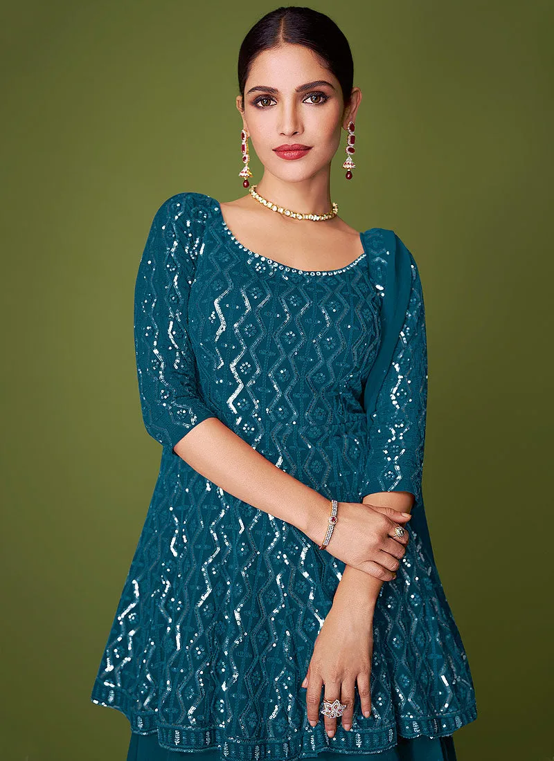 Turquoise Sequence Embroidered Lehenga Kurti Suit